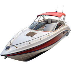 A sleek speed boat with a red canopy and white hull cruises smoothly on the water