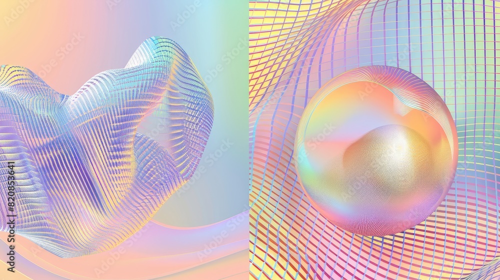 Poster y2k poster design with abstract perspective grid surface and gradient colored sphere. modern set of 