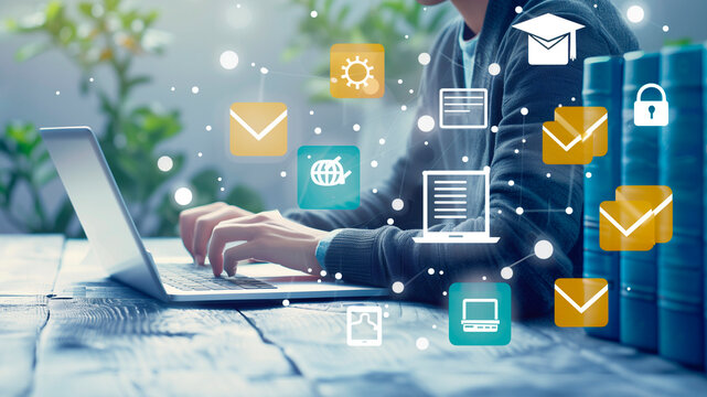 Concept of online education. Man uses web platforms for online training and e-learning webinar on the internet for personal development and qualifications. Developing new knowledge with the help of AI