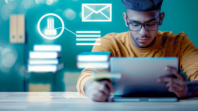 University student using digital tablet or laptop, concept of online education and training. E-learning, personal development and professional qualifications. Online training, studies and courses.