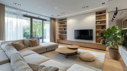 Spacious modern living room interior with white furniture and large windows providing a bright and airy atmosphere perfect for relaxing and entertaining