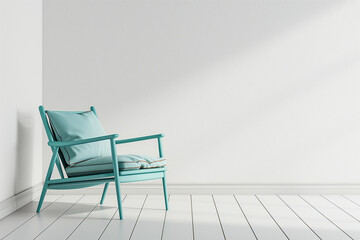 Blue armchair in the corner of a white room