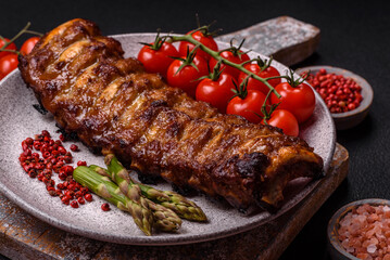 Delicious juicy grilled ribs with honey and mustard sauce