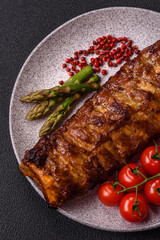 Delicious juicy grilled ribs with honey and mustard sauce