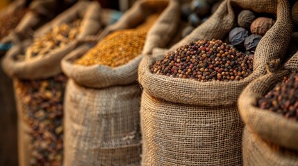 Vibrant close-up of various spices in burlap sacks showcasing colorful turmeric black pepper red peppercorns and green peppercorns - Powered by Adobe