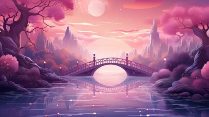 Obraz premium bridge by lake in pink magical world fairy tale illustration
