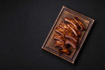 Delicious juicy grilled ribs with honey and mustard sauce