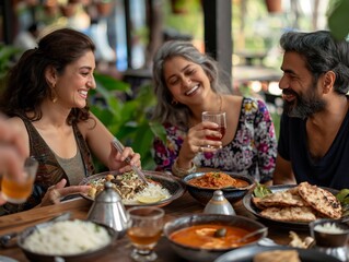 Three people are sitting at a table with plates of food and drinks. They are smiling and enjoying their meal together