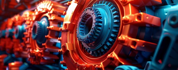 Fototapeta premium Close-up of industrial machinery with orange and blue components, digital illustration, vibrant colors, high detail, highlighting engineering and automation in a modern factory setting