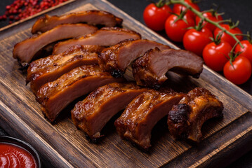 Delicious juicy grilled ribs with honey and mustard sauce