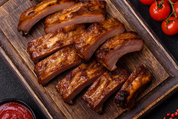 Delicious juicy grilled ribs with honey and mustard sauce