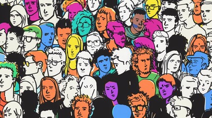 crowd of young people illustration, black ink outline, colored fill