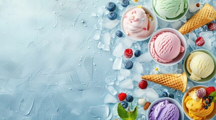Various types of ice cream and berries displayed on an electric blue background, creating an artistic and refreshing scene reminiscent of summer fun AIG50