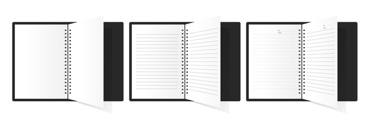 Fototapeta premium Blank open book or notepad vector template. Notebook and bookmark template in different views isolated on white background. Realistic blank booklet cover, notebook 3d vector set.