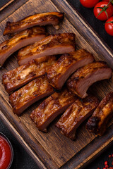 Delicious juicy grilled ribs with honey and mustard sauce