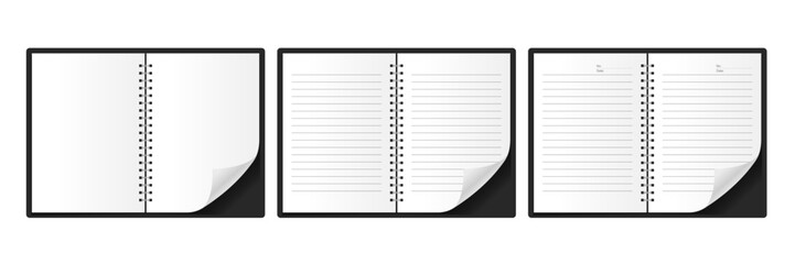 Blank open book or notepad vector template. Notebook and bookmark template in different views isolated on white background. Realistic blank booklet cover, notebook 3d vector set.