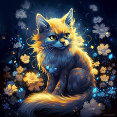 Fantasy image of cats. Picture. Pet. A fabulous cat. For printing on T-shirts, hoodies. Scrubbooking. Night. Yellow blue background. Flowers Mysticism.