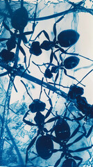 Photosensitive sunprint photography or cyanotype of ants. Watercolor illustration. Insects concept. Generative AI