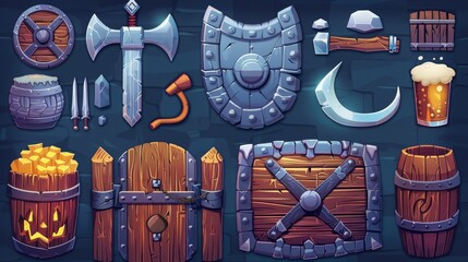 Icon modern of Viking game shield and fantasy rpg ui. Set of magic medieval weapons for warfare. Ancient app interface with stone and wood props. Illustration of Thor hammer, horn and beer.