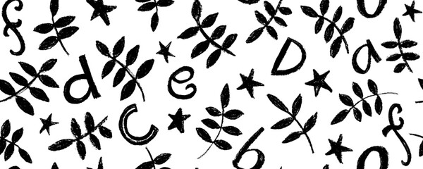 Botanical art background vector. Abstract natural hand drawn pattern design with  leaves, branches and letters. Abstract black and white botanical background. Hand drawn leaves with letters scribble 