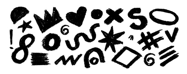 Collection of  brush drawn symbols: hearts, crowns, arrows, crosses, swirls and dots with dry brush texture. Exclamation and question marks. Bold graffiti style shapes. Vector trendy illustration.