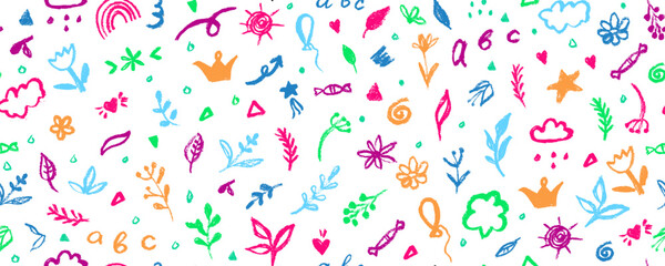 Seamless pattern with hand-drawn colorful flowers in doodle style. Seamless botanical pattern monochrome modern collage of doodles of various flowers, twigs, freehand ink sketch. Vector illustration 