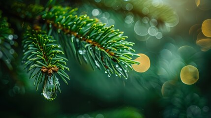 Macro shot of rain droplets on pine tree branches showcasing vibrant green needles and fresh natural beauty in a serene and wet environment - Powered by Adobe