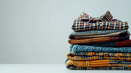 Stack of modern clothes on white background