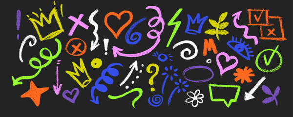 Collection of hand drawn colorful charcoal doodle shapes and squiggles in childish girly style. Pencil drawings isolated on black. Crown, stars, flower, heart and grid doodle collage elements.