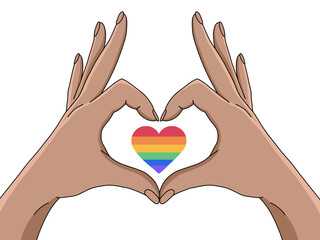 hand-drawn hands in a heart shape with lgbt colors for pride month