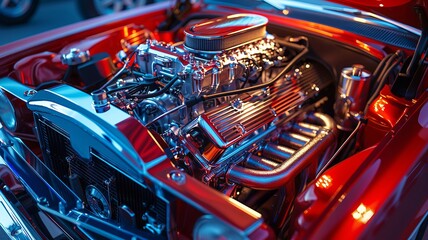 Vibrant and polished look at a muscle car engine setup