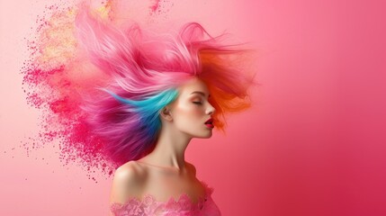 Naklejka premium Beauty Fashion Model Portrait pink hair color. Bob Short Haircut. Fringe Hairstyle. Hairdressing. Beautiful Glamour Girl with Short blonde hair