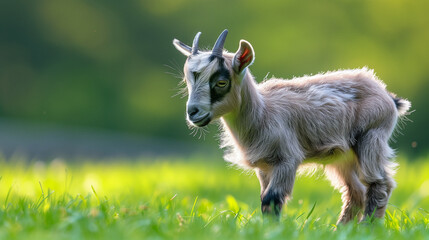 Fototapeta premium Small Goat Standing on Top of Lush Green Field