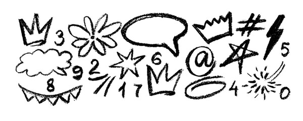 Collection   with charcoal graffiti doodle punk and girly shapes  Hand drawn abstract scribbles and squiggles, creative various shapes, pencil drawn icons. Scribbles, scrawls, stars, crown, flower, cu