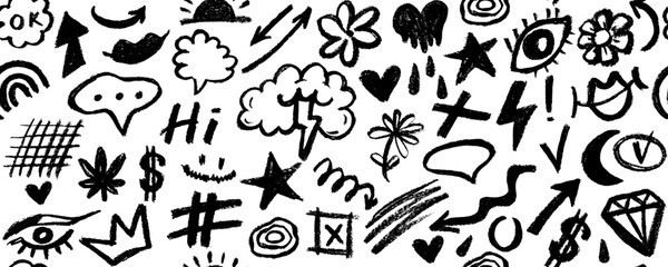 Hand drawn  geometry shapes and line doodle seamless pattern. Creative comic style art background, trendy design with scribble shapes on white backdrop.