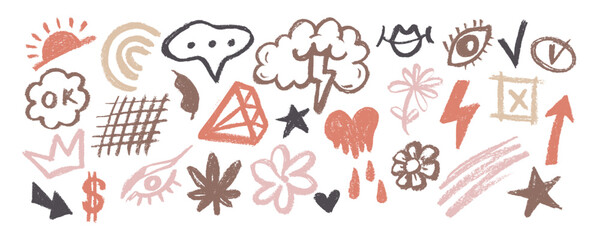 Collection multicolored  hand drawn  geometry shapes and line doodle .Hand drawn abstract scribbles and crowns, flowers, squiggles, creative various shapes, pencil drawn icons.  Creative comic style a