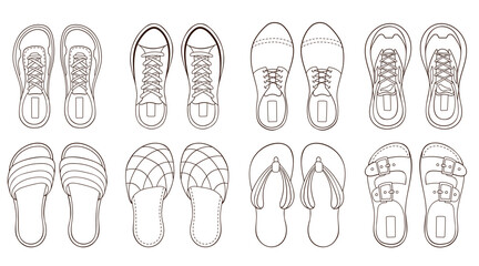 Male footwear sneakers collection in outline style. Line art set of casual shoes. Vector illustration isolated on a white background.