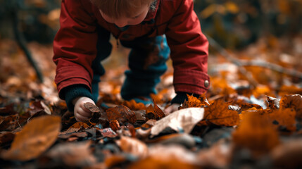 A child exploring the forest floor, picking up leaves and stones.