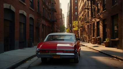 Obraz premium A vintage red car parked on an urban street with brownstone buildings and a clear sky above
