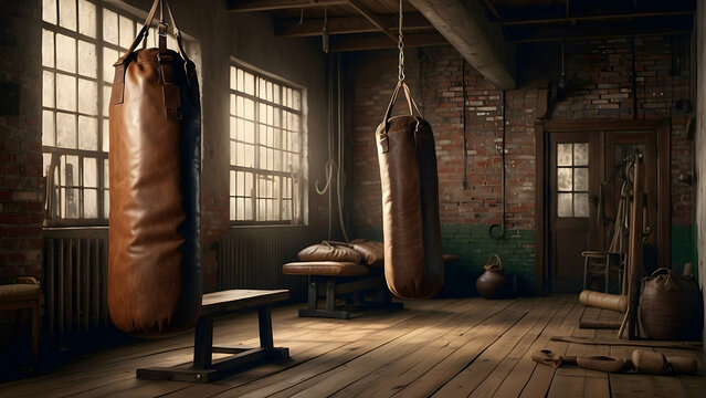 An empty boxing gym with leather punching bags, wooden bench, and vintage equipment under the warm light of a window