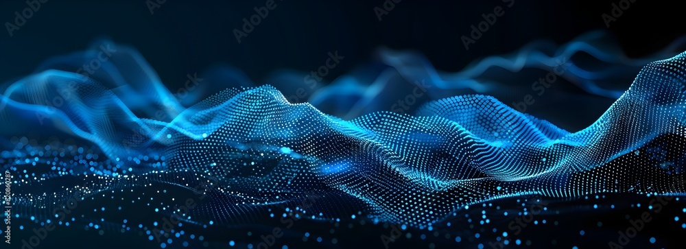 Poster abstract blue wave background with digital particles and dots for technology, science or data visual