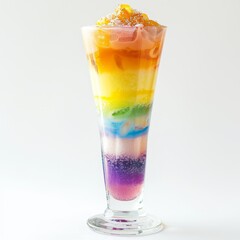 Rainbow sherbet in a tall glass, layers of color vivid against the white background. 