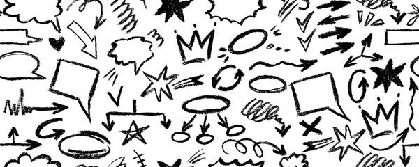 Black charcoal pencil shapes and doodles seamless pattern. Hand drawn vector quirky shapes in punk or childish style. Naive playful abstract charcoal scribbles. Doodles and curved lines.
