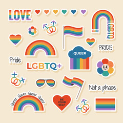 Obraz premium Set of LGBTQ sticker with rainbow flag elements, gender signs, pride month symbols, slogan and phrases. Gay parade celebration. Vector illustration