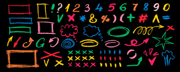 Multi colored highlighter marker lines, scribble , rectangles and  oval frames, underline arrows, cross and check symbol. Highlighter oval frame and hand drawn doodles vector set.