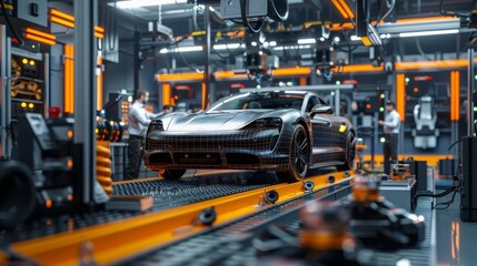 EV car on assembly line with engineers installing batteries, 3D rendering, industrial colors, realistic