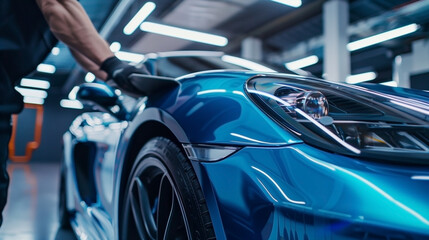 Obraz premium Car wrapping specialist at work, wrapping a sports car with glossy vinyl car wrap, applying gloss flip car film