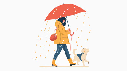 Happy girl walking with cute dog under umbrella enjoy