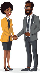 African-American businessman and woman shaking hands, closing deal in office conference room interview, reaching agreement