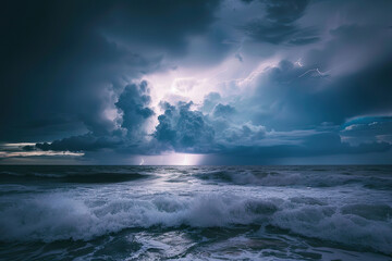 Naklejka premium Generative ai on theme of scary bright electric lightning bolt with branches in the night dark sky